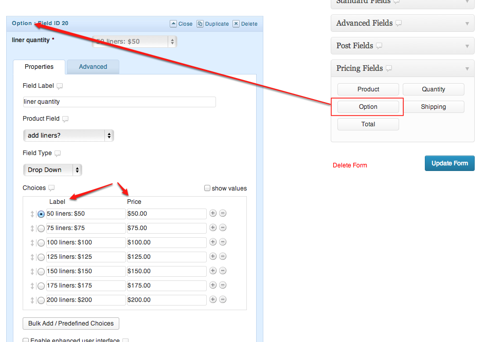 WooCommerce Gravity Forms Add-Ons Option Field Setup