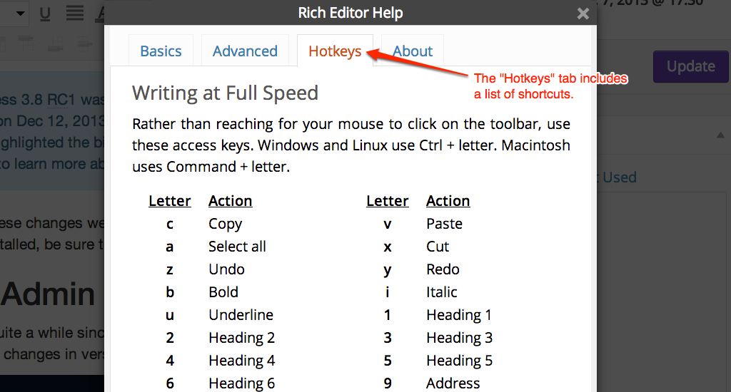 List of WordPress Keyboard Shortcuts
