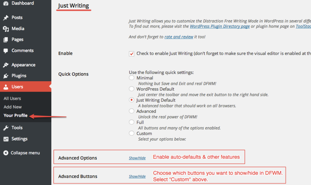 WordPress Plugin - Just Writing Preferences