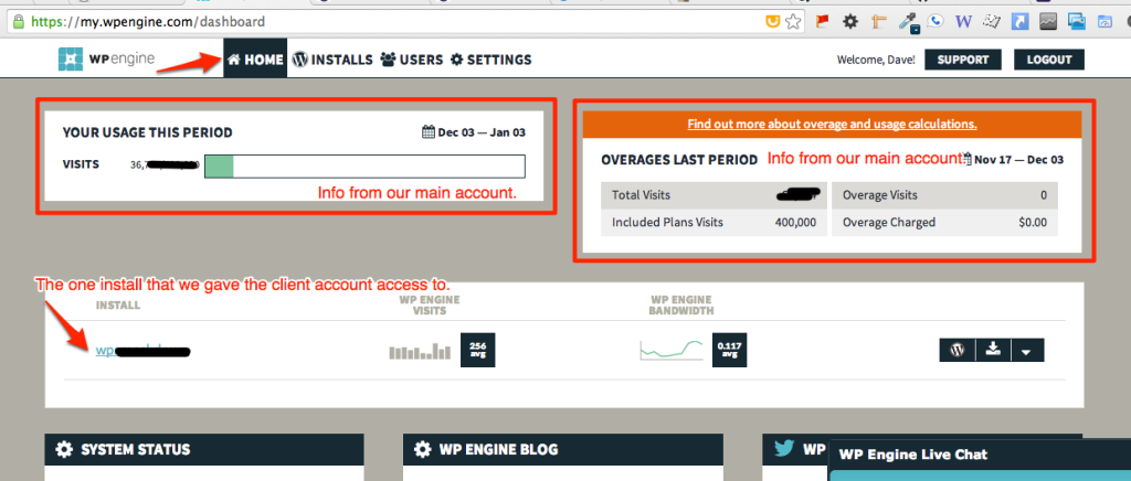 WP Engine - Client's Dashboard Stats