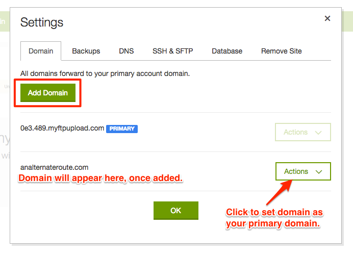 GoDaddy WordPress hosting set primary domain