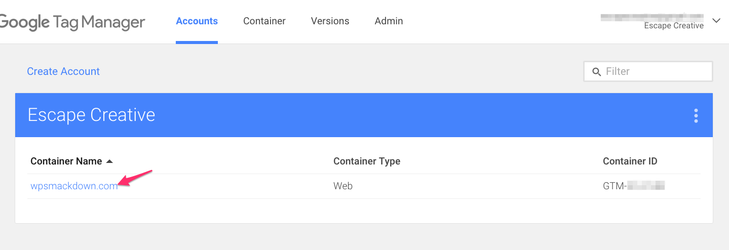 Google Tag Manager, choose container