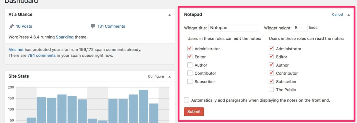 Dashboard Notepad plugin settings