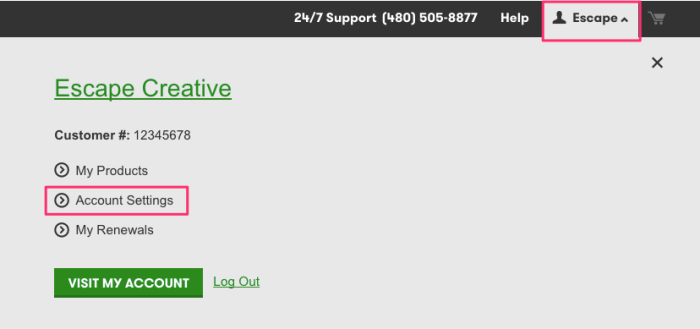 GoDaddy Account Settings from Top Nav