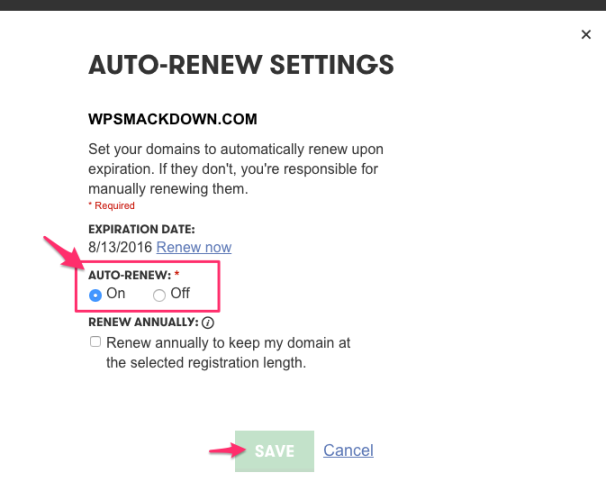 GoDaddy Auto Renew Modal