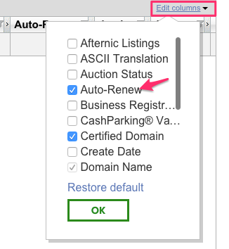 GoDaddy Domains - Edit Columns