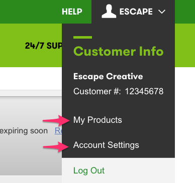 GoDaddy Account Links from Dropdown