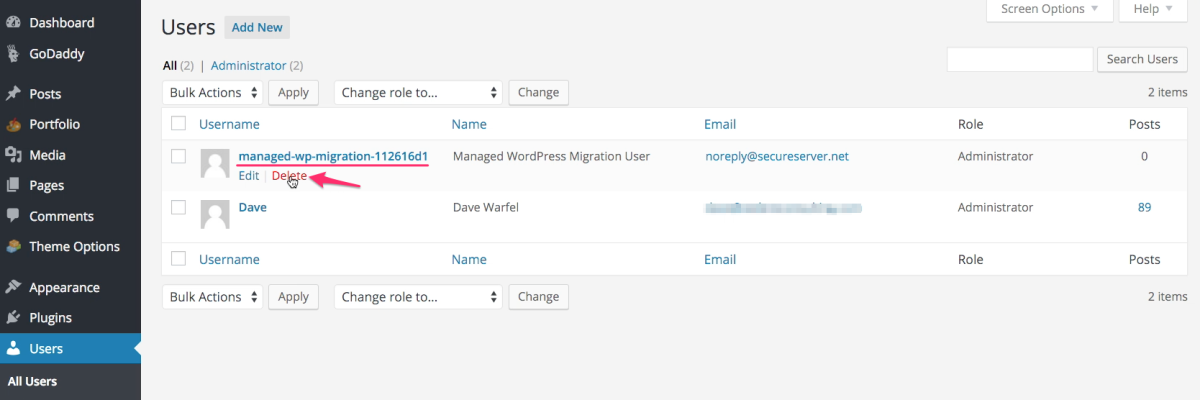 Delete WordPress Migration User