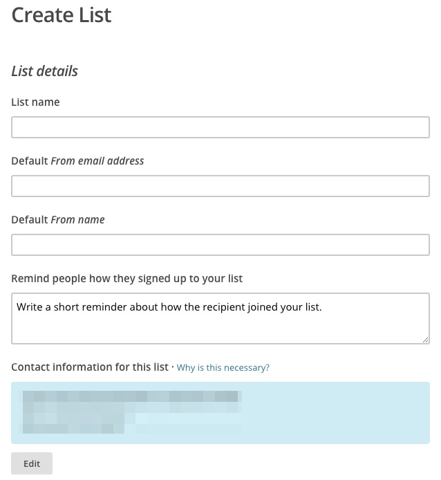 MailChimp create list form