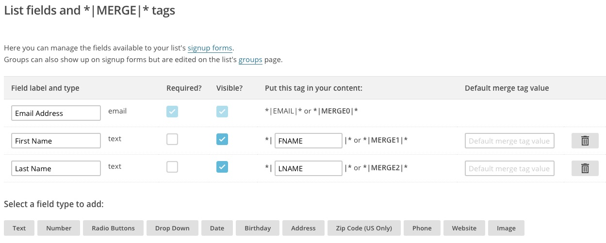 MailChimp list fields & MERGE tags screen