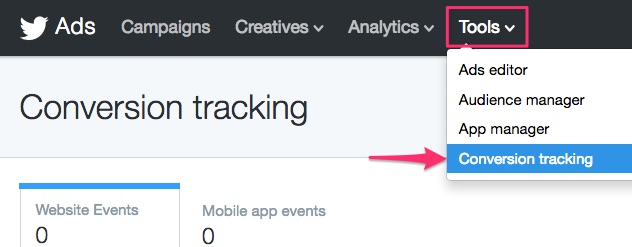 Twitter navigation: Tools > Conversion Tracking