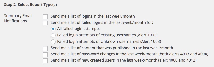 WP Security Audit Log report types