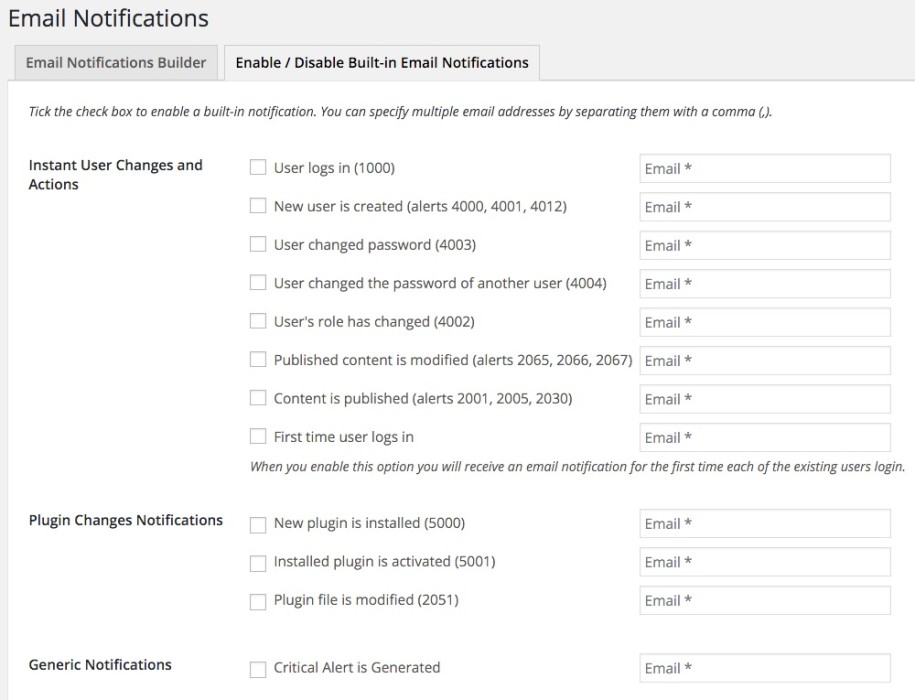 WP Security Audit Log default email notifications