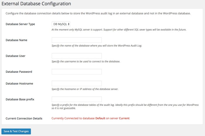 WP Security Audit Log external database settings