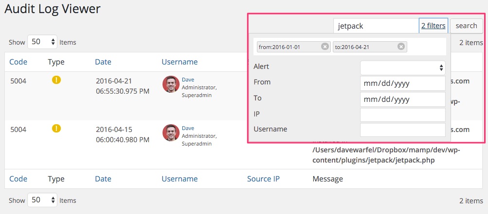 WP Security Audit Log search & filters