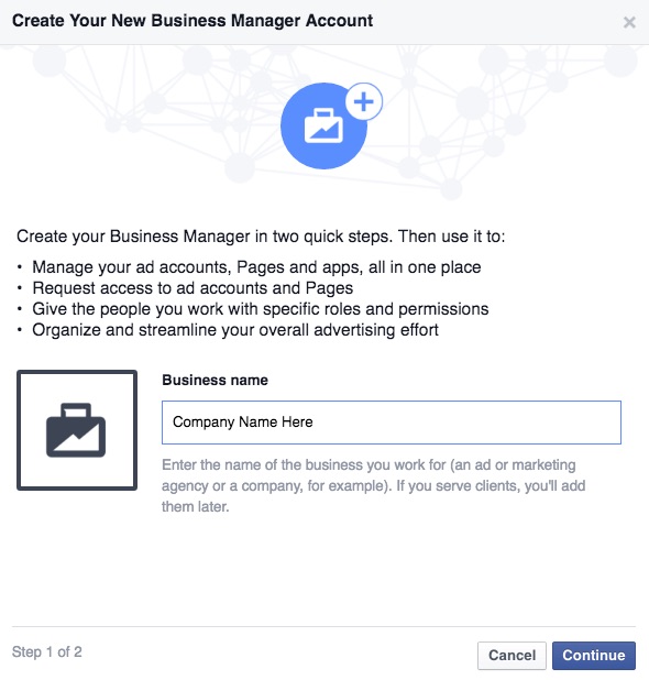 Facebook Business Manager setup step 1