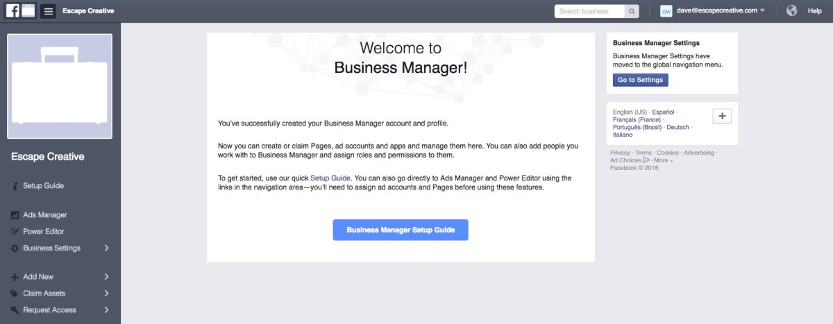 Facebook Business Manager welcome screen