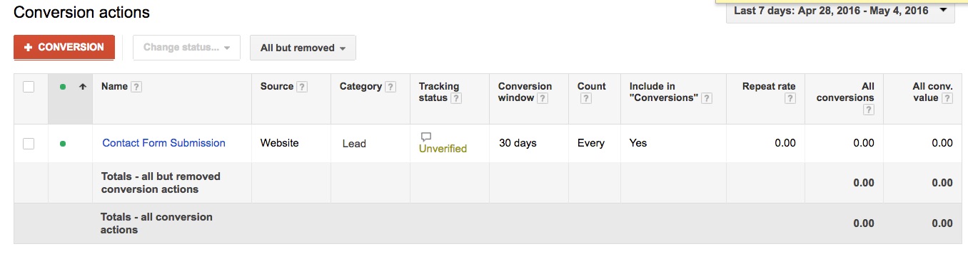 Google AdWords conversion actions