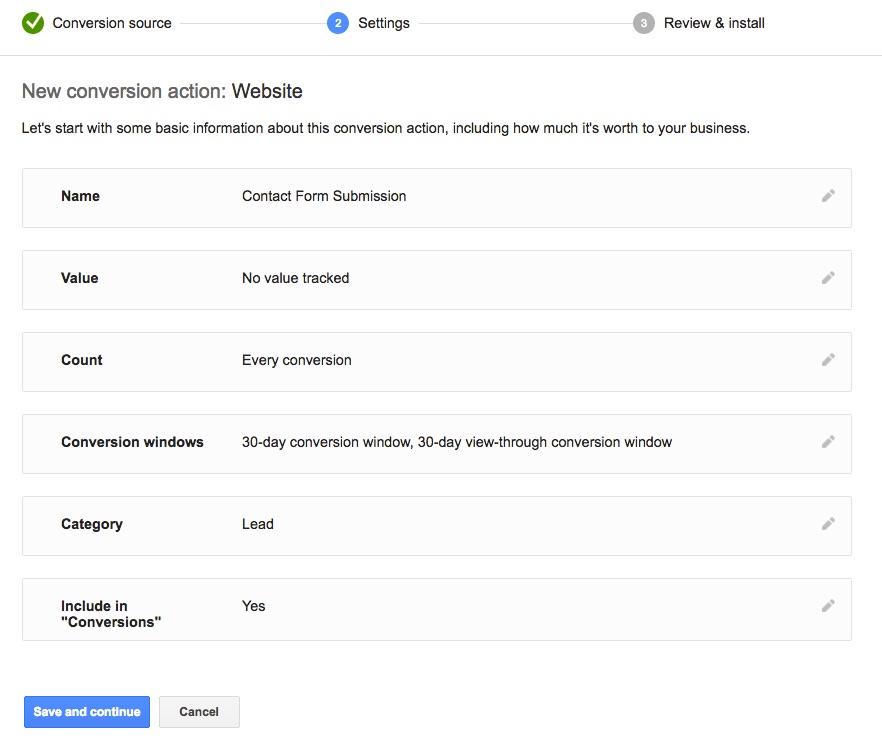 Google AdWords conversion tracking settings
