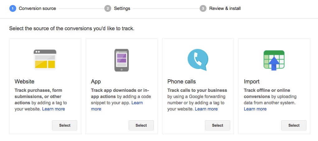 Google AdWords conversion tracking setup step 1
