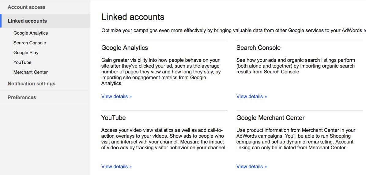 Google AdWords linked accounts screen