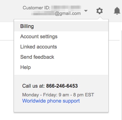 Google AdWords settings navigation