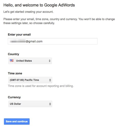 Google AdWords account setup info