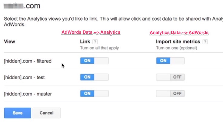 Link AdWords to Analytics, select Views