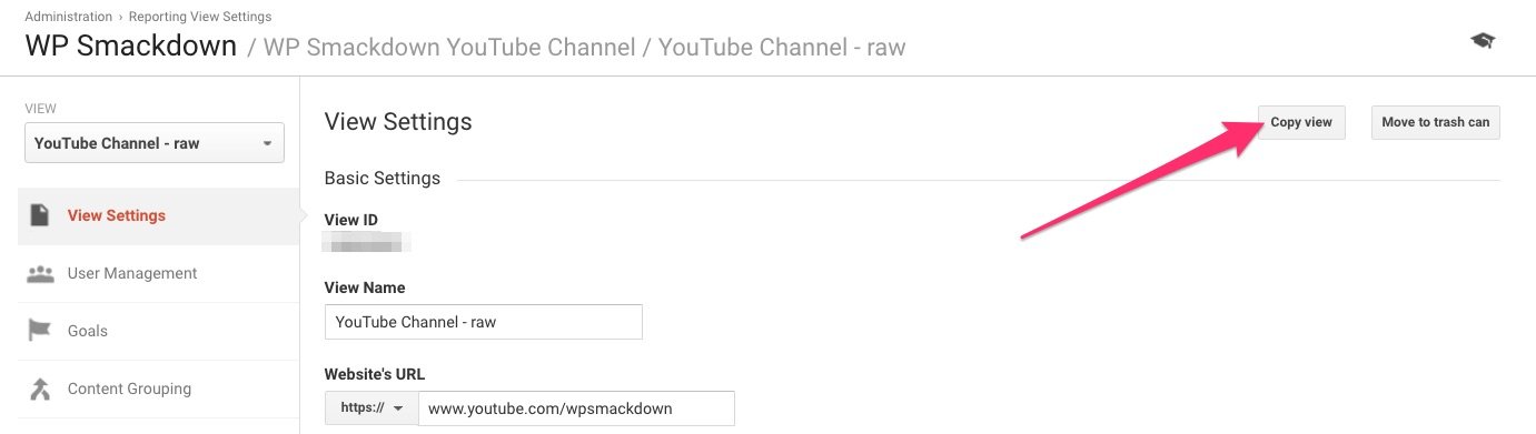 Copy View button in Google Analytics admin