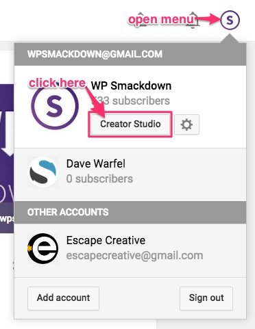 YouTube Creator Studio menu dropdown