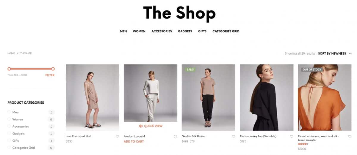 an example shop page layout for Shopkeeper