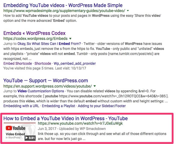 YouTube video on Google's SERP