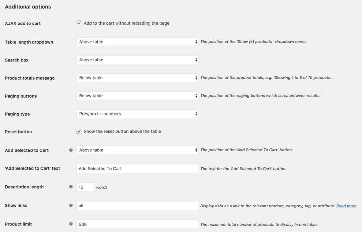 WooCommerce Product Table plugin additional options