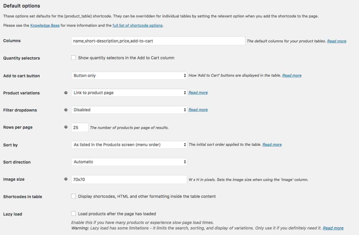 WooCommerce Product Table plugin default options