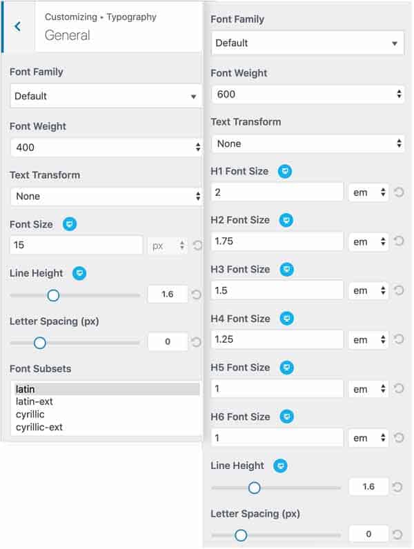 Neve WordPress theme typography options